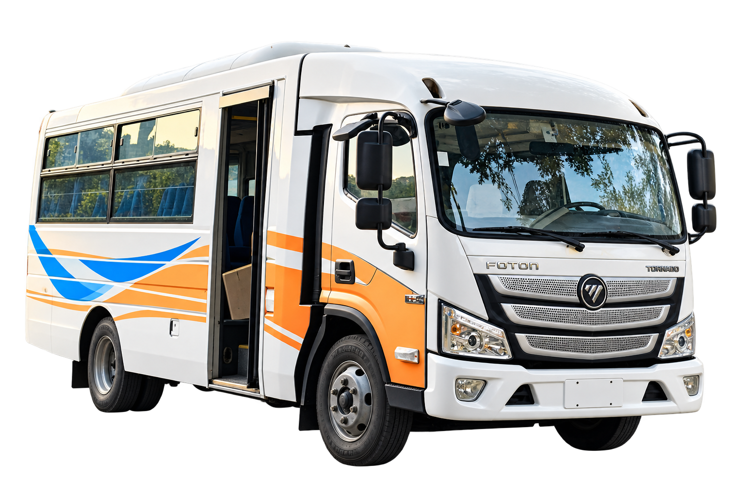 White SMTC Foton minibus with blue and orange markings and an open passenger door